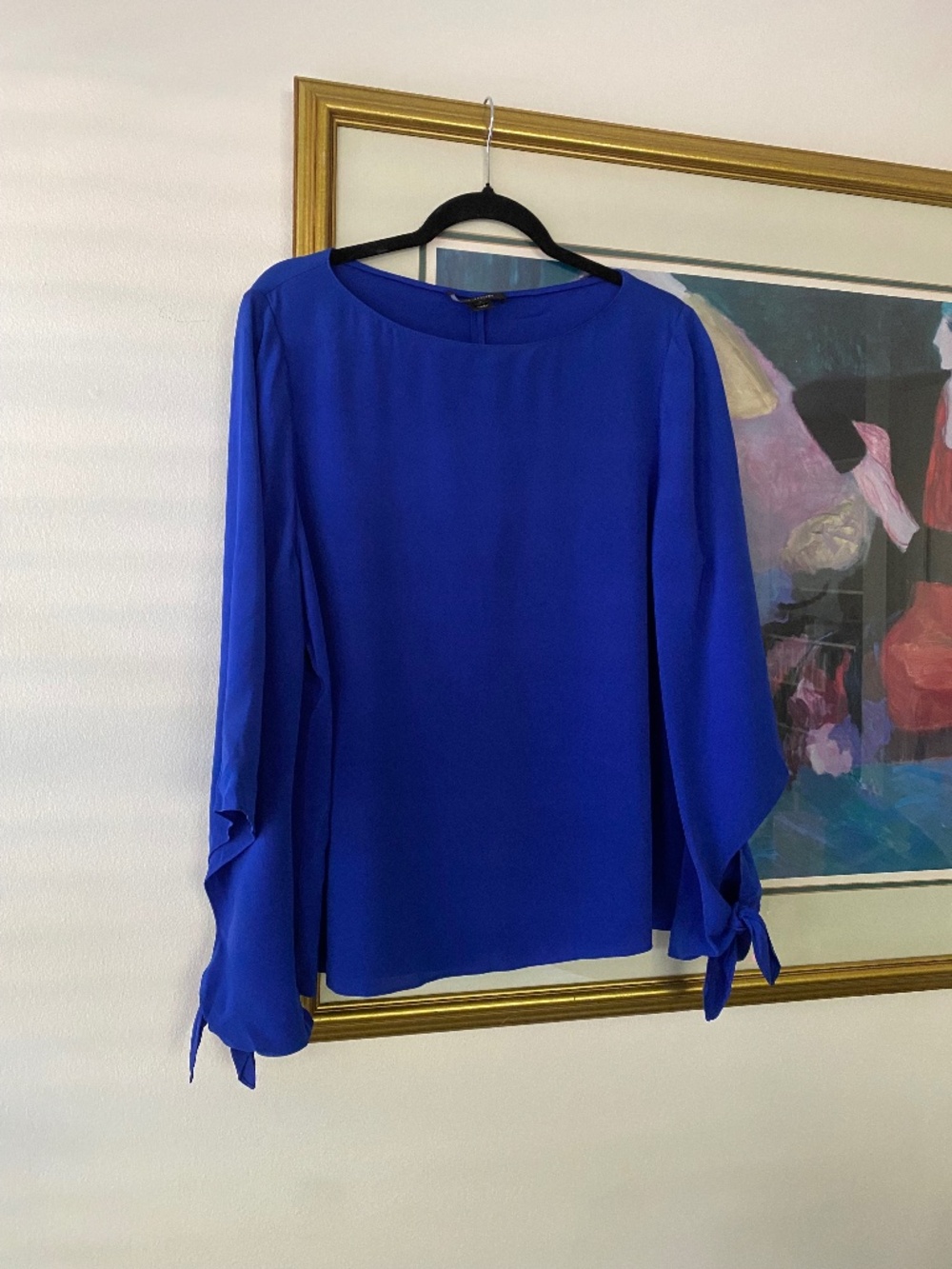 St. John Silk Cobalt Blue Long Sleeve Tie Cuff Blouse Medium Minimalist Classic